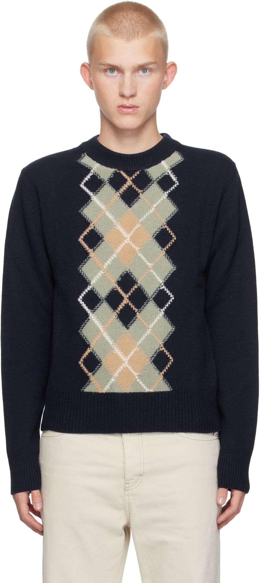 Sweater AMI Argyle Crew Neck Sweater Svart | HKS044.KN0057