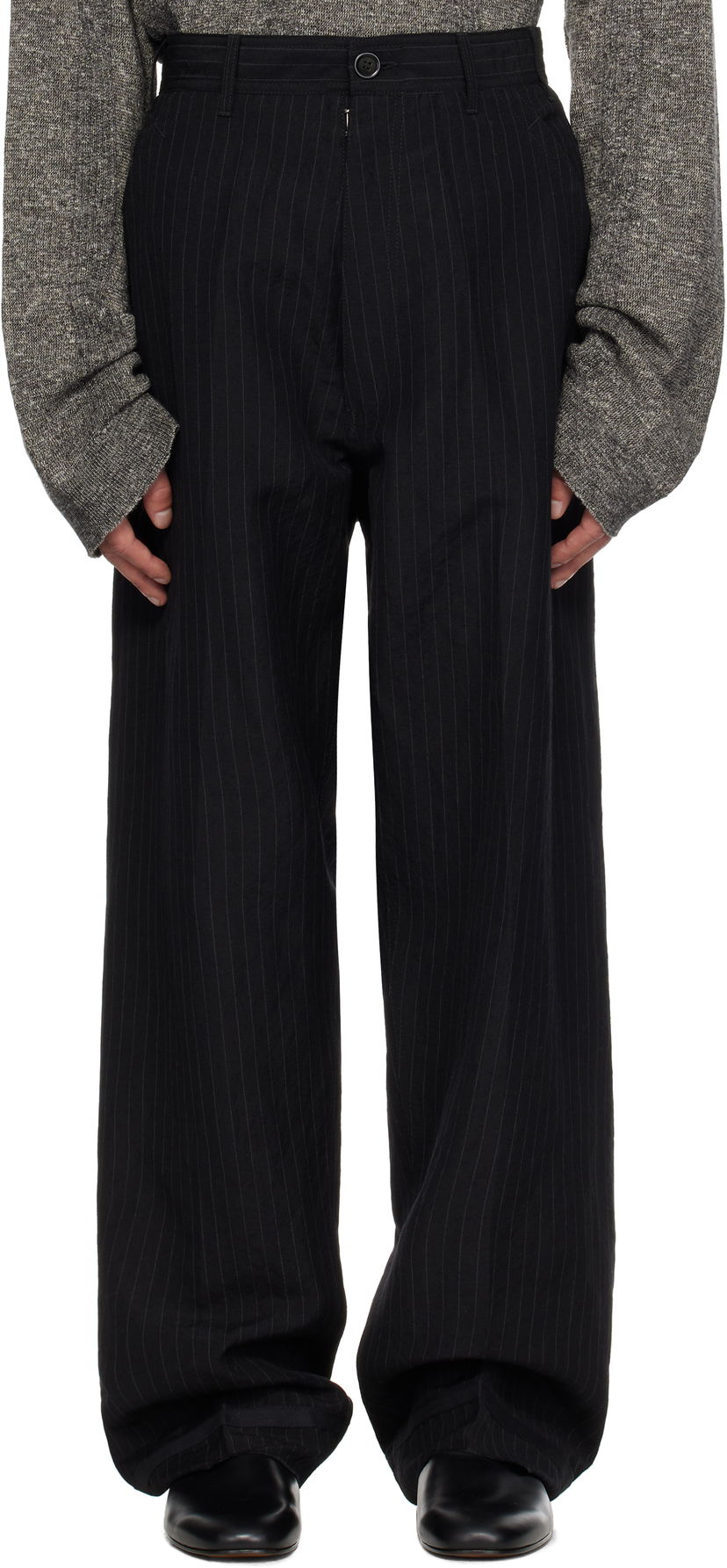 Byxor Maison Margiela Maison Margiela Pinstripe Linen & Wool Wide-Leg Trousers Svart | S50KA0678 M35447