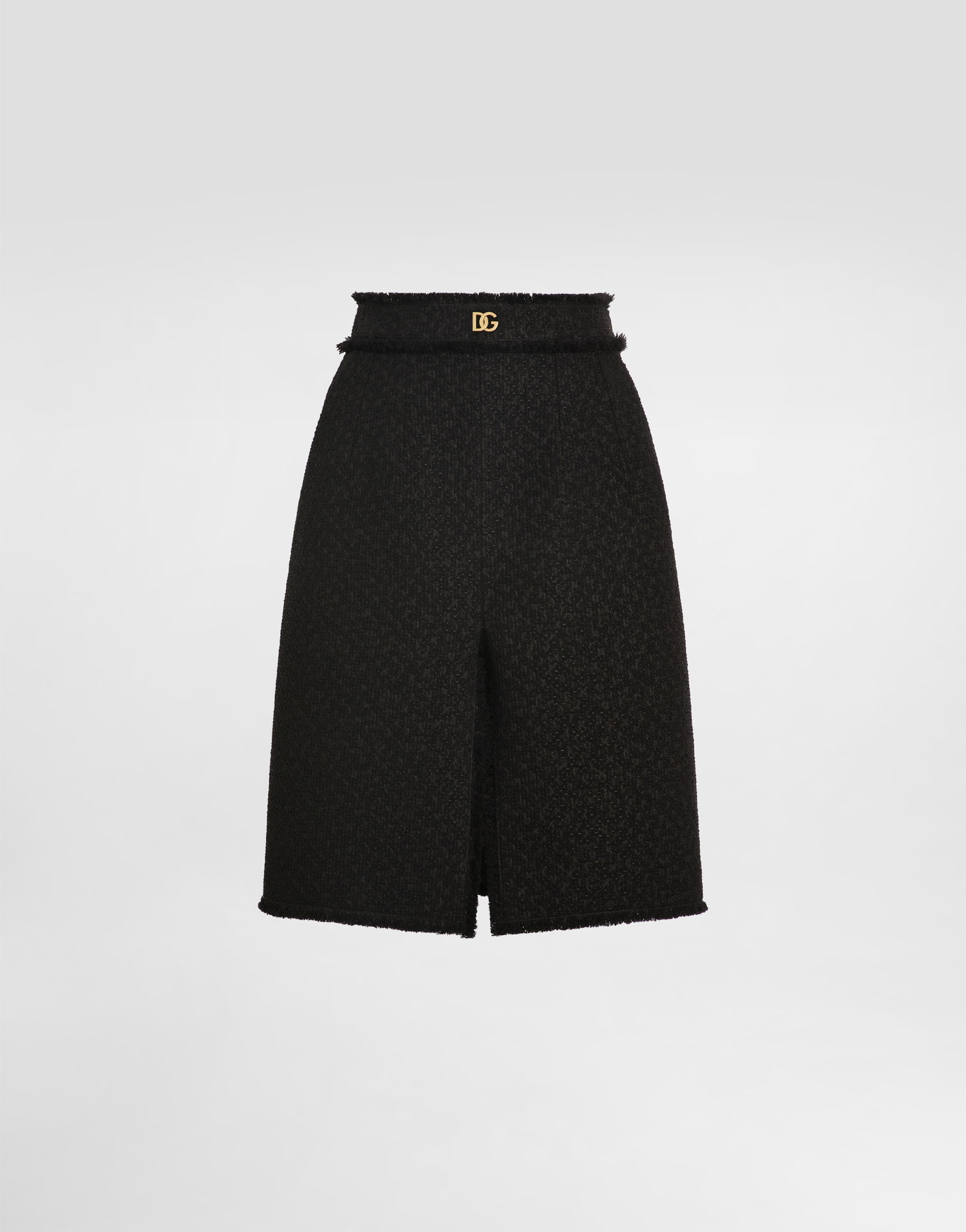 Kjol Dolce & Gabbana Dolce & Gabbana Raschel Tweed Midi Skirt with Central Slit and DG Logo Svart | F4C2DTGDCLWN0000, 0