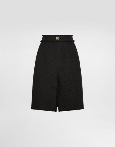 Kjol Dolce & Gabbana Dolce & Gabbana Raschel Tweed Midi Skirt with Central Slit and DG Logo Svart | F4C2DTGDCLWN0000, 0