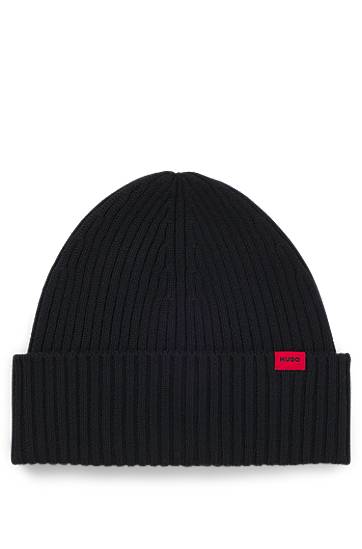 Mössa BOSS Virgin-Wool Ribbed Beanie with Logo Label Svart | 50524570, 0