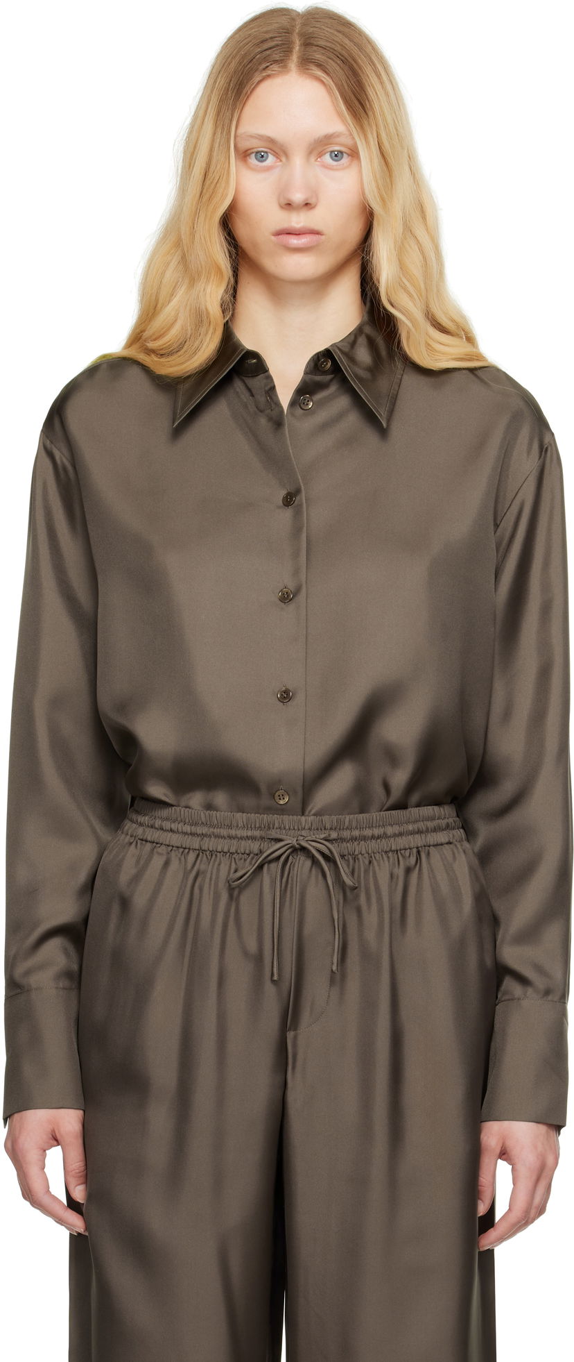Skjorta Róhe Signature Elongated Silk Shirt Brun | 415-19-085