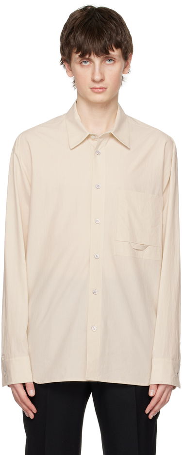 Skjorta Solid Homme Embroidered Long-Sleeve Button-Up Shirt with Flap Chest Pocket Beige | S231SH26, 0
