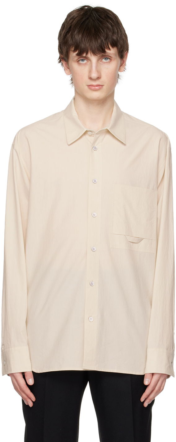Skjorta Solid Homme Embroidered Long-Sleeve Button-Up Shirt with Flap Chest Pocket Beige | S231SH26