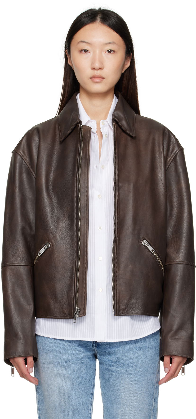 Jacka CALVIN KLEIN Calvin Klein Distressed Leather Biker Jacket Brun | 81B530G