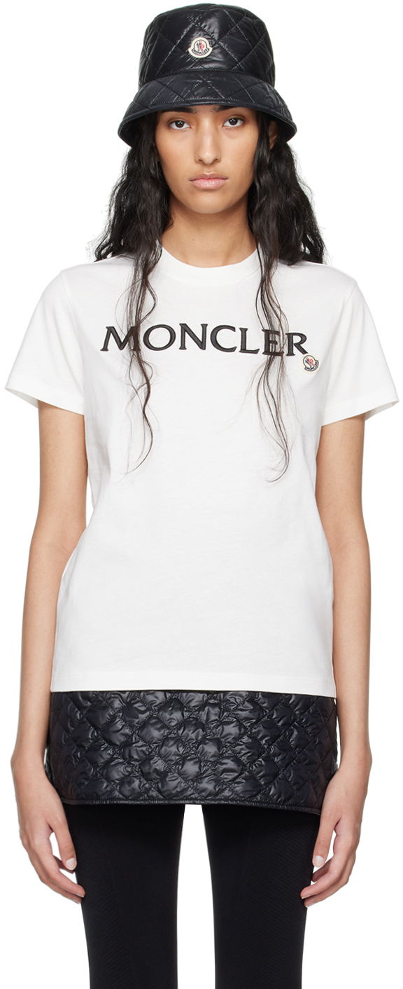 T-shirt Moncler White Embroidered Logo T-Shirt Vit | J20938C0001189AIJ