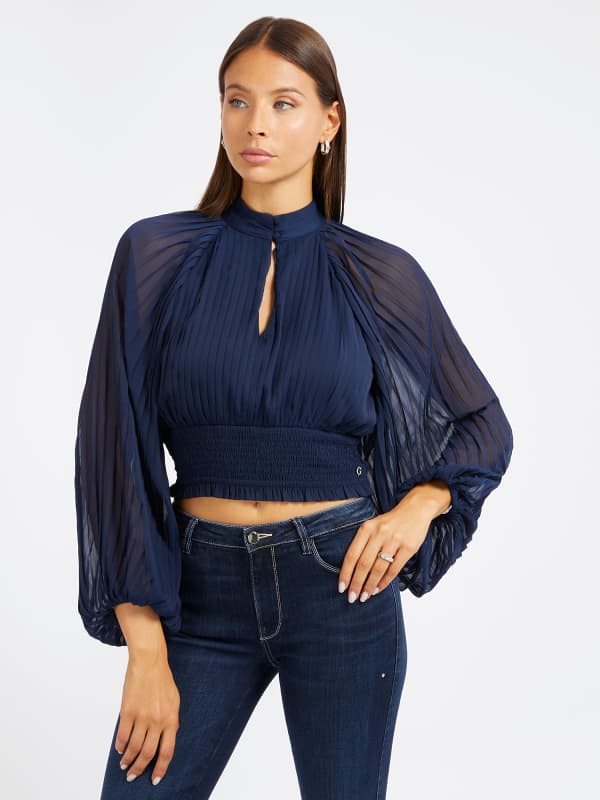 Skjorta GUESS Pleated Blouse Mörkblå | W4RH69WDW52, 0