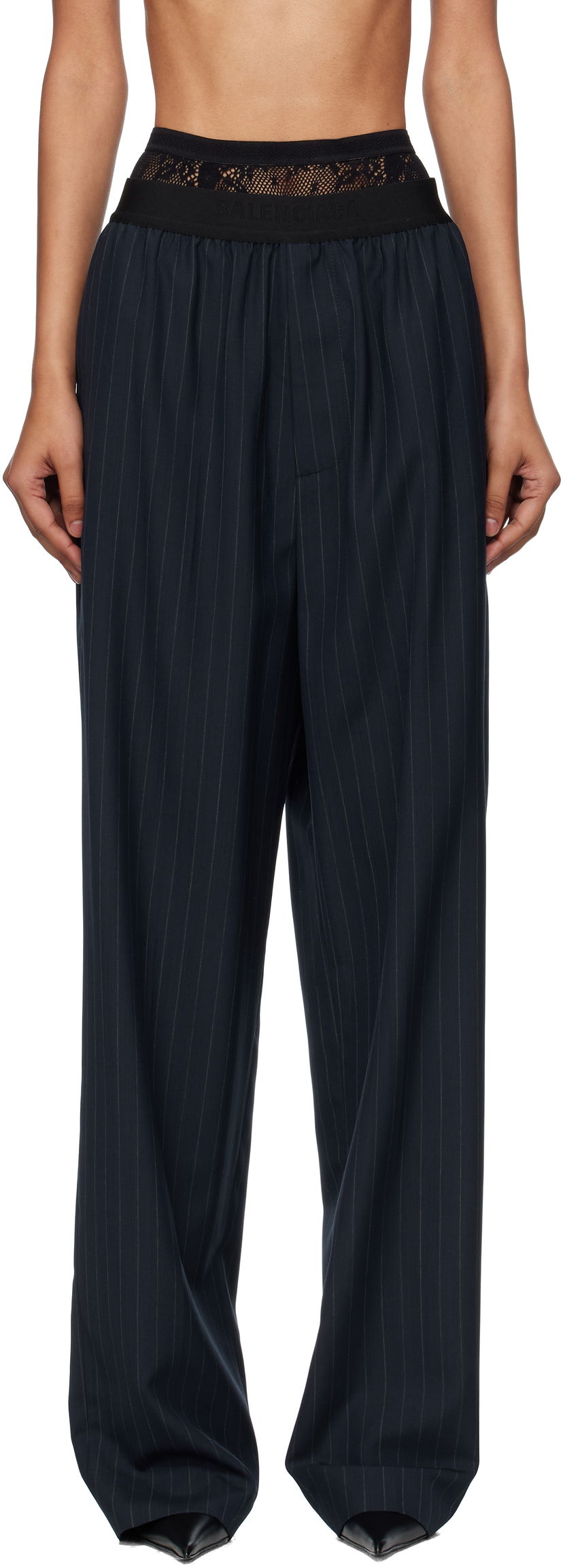 Byxor Balenciaga Balenciaga Pinstripe Elastic Trousers Mörkblå | 790887TST24