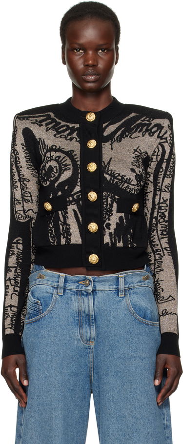 Sweater Balmain Balmain Jacquard Knit Cardigan with Body Motif Svart | EF1KL133KH93, 0