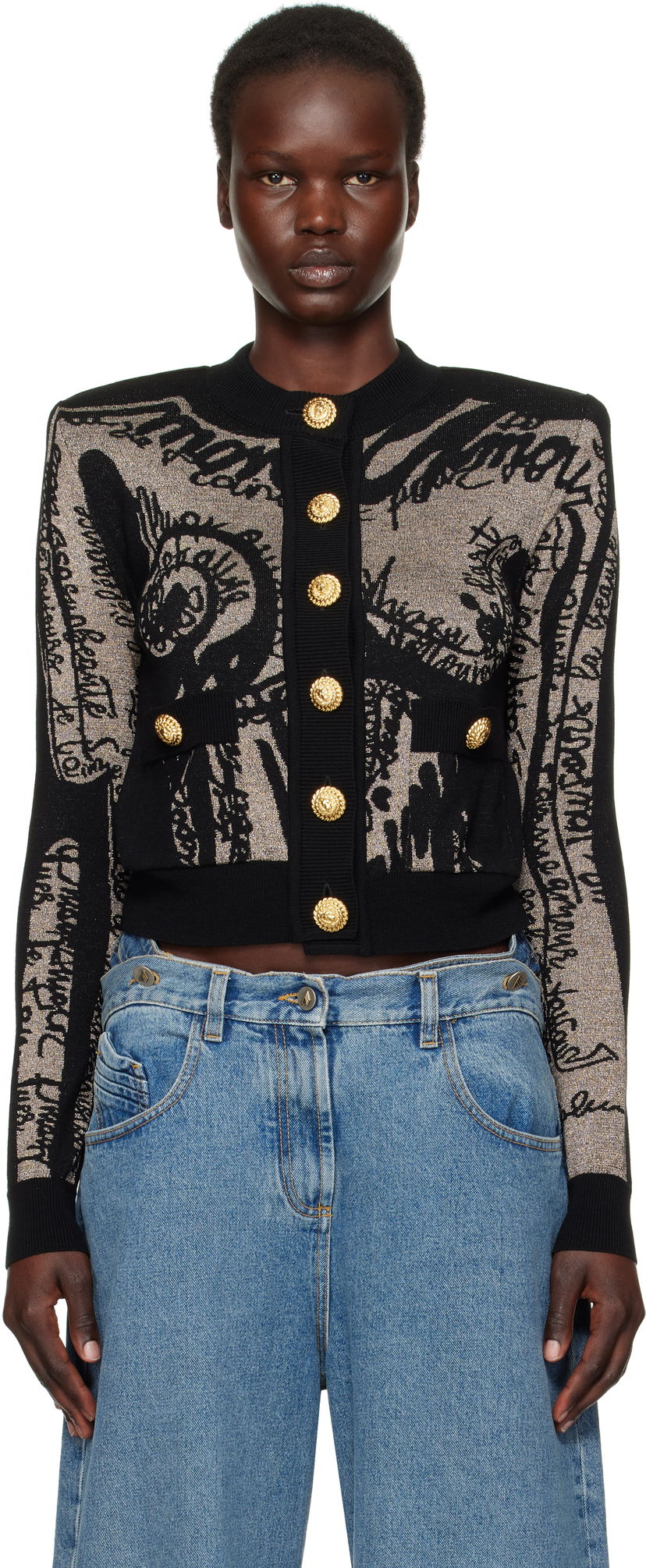 Sweater Balmain Balmain Jacquard Knit Cardigan with Body Motif Svart | EF1KL133KH93