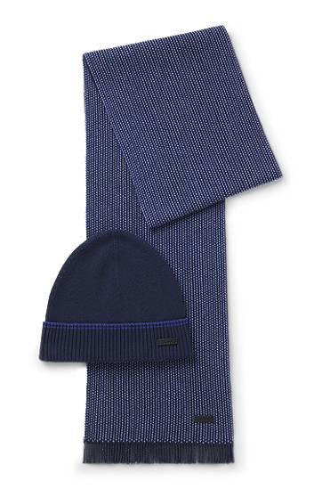 Kläder och accessoarer BOSS Knitted wool-cotton patterned scarf and ribbed beanie hat gift set Mörkblå | 50548858, 0