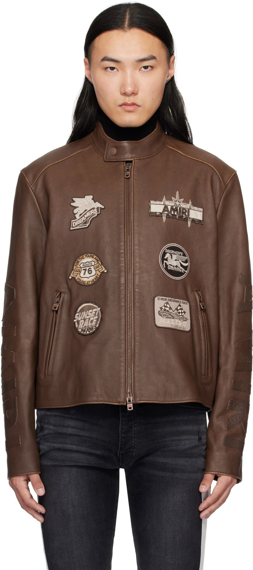 Bomberjacka AMIRI AMIRI Patch Racer Leather Jacket Brun | AMLTJT1021