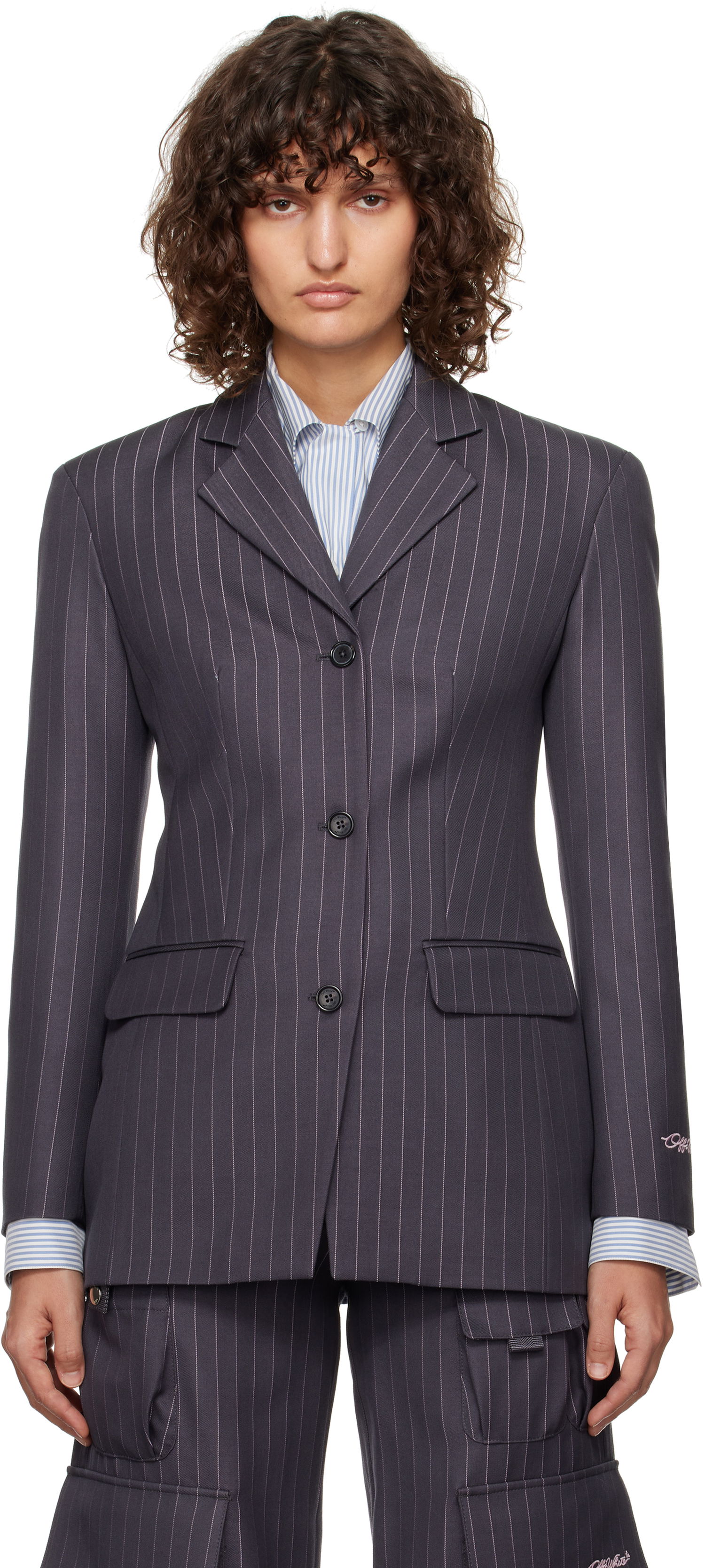 Rockar Off-White Pinstripe Fitted Blazer Grå | OWEF123F24FAB001073B, 0