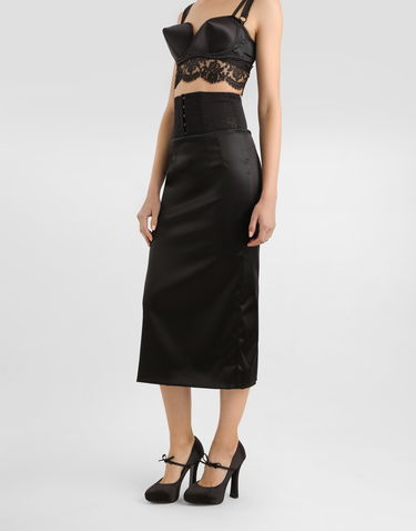 Kjol Dolce & Gabbana Dolce & Gabbana Satin Calf-Length Skirt with Corset Belt Svart | F4CI1TFURADN0000, 3
