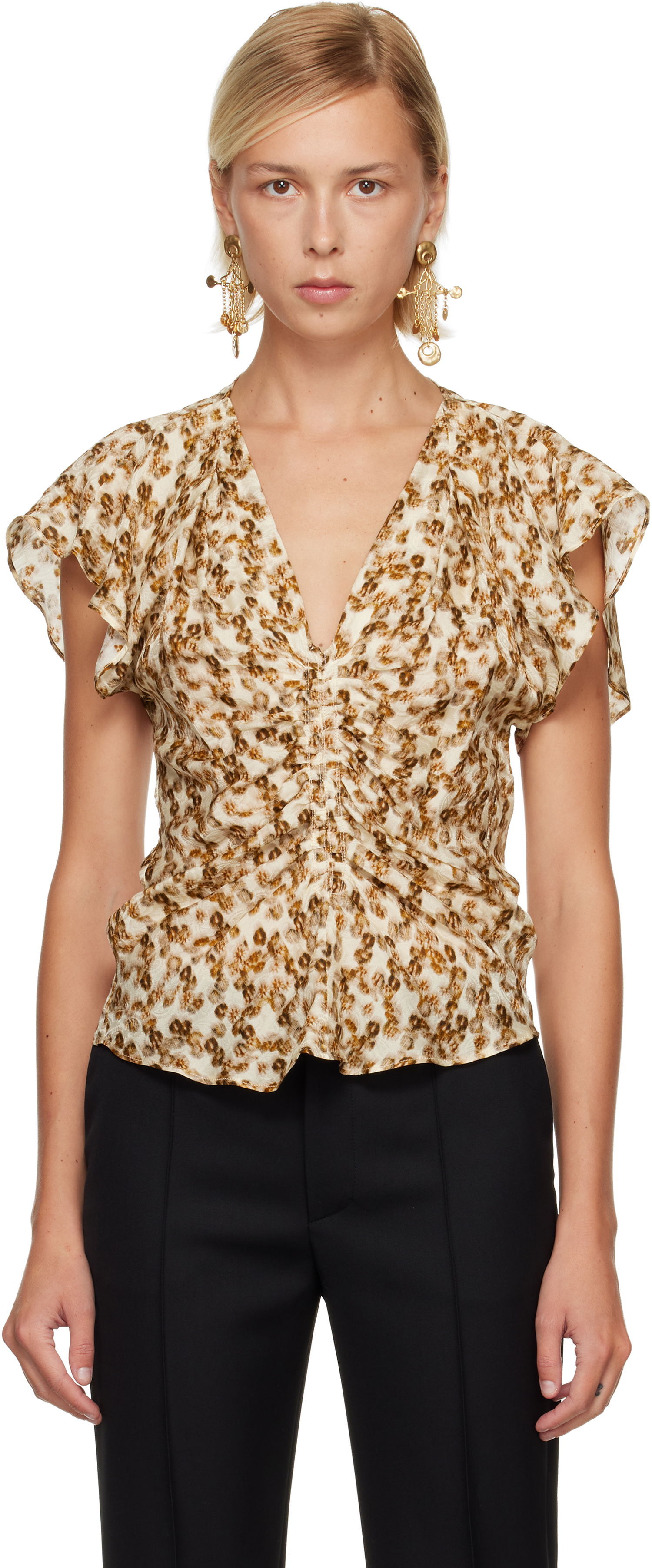 Skjorta ISABEL MARANT Lonea Ruched V-Neck Blouse Flerfärgad | HT0228FA-C3J10I, 0