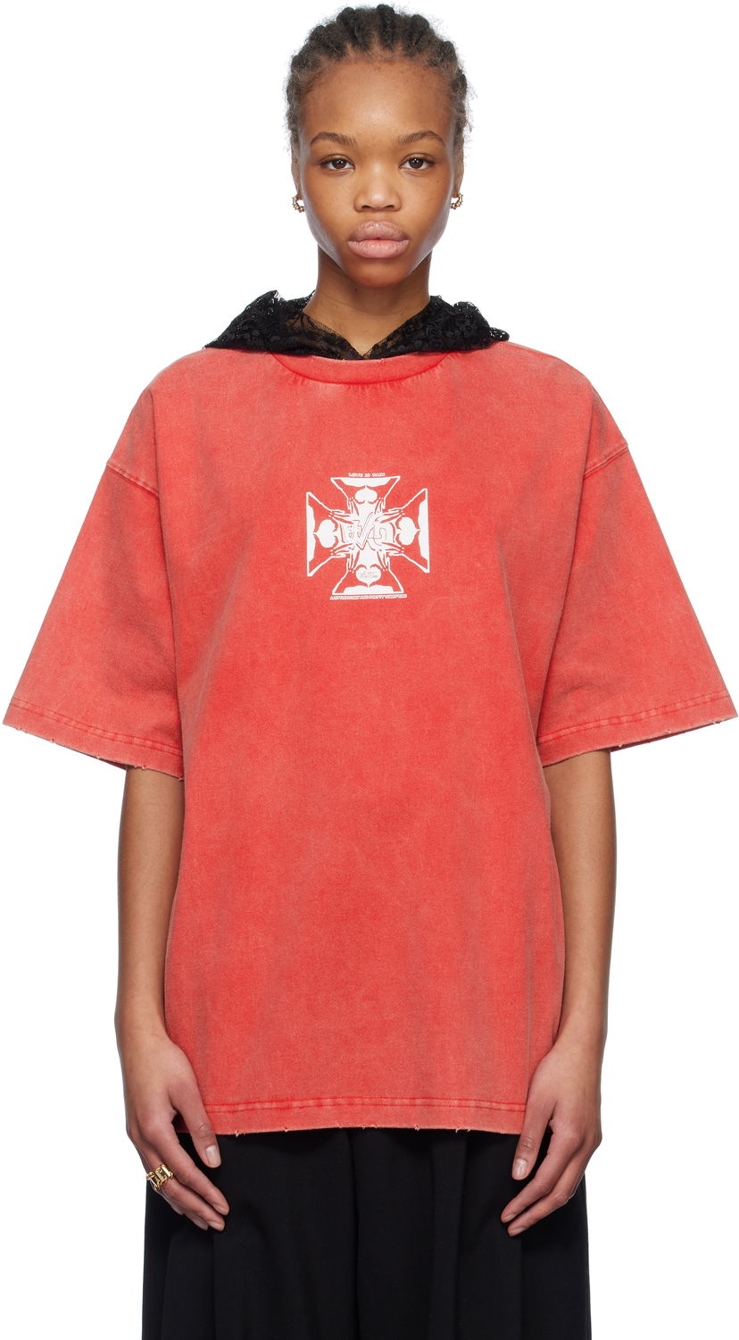 T-shirt We11done We11done Heart Cross Hooded T-Shirt Röd | WD-TH0-25-842-U-RD