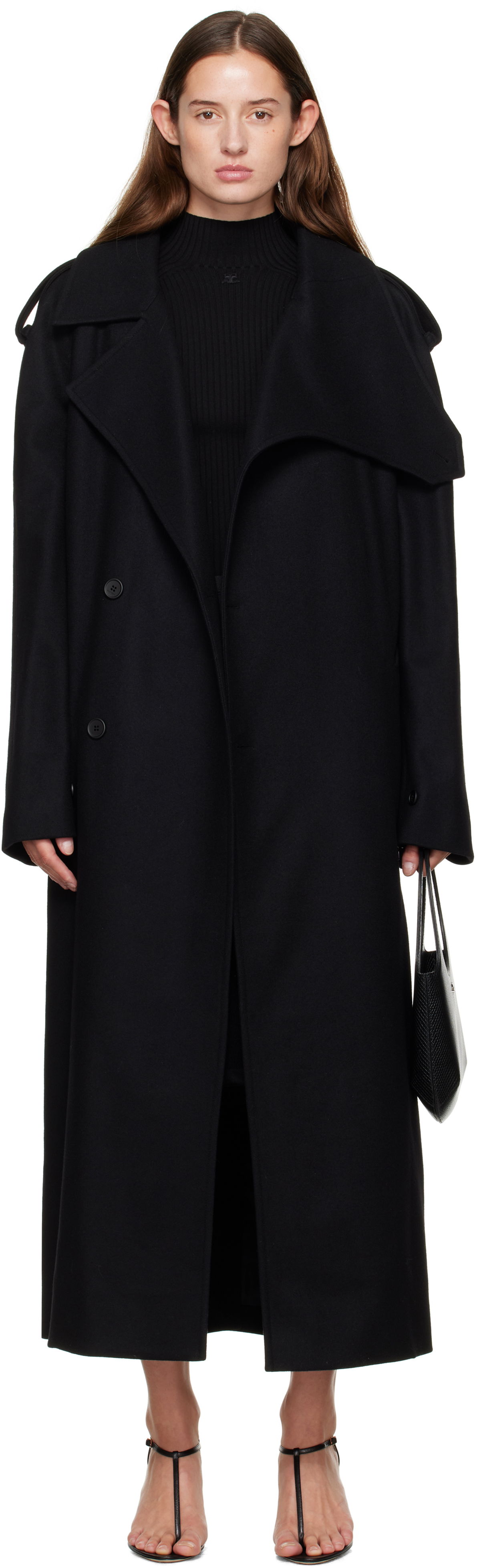 Trenchcoat Courrèges Courrèges Oblique Wool Trench Coat Svart | 325CMA236WO0036, 0