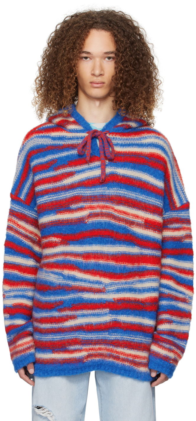 Sweater ERL ERL Striped Knit Hoodie Röd | ERL07N015