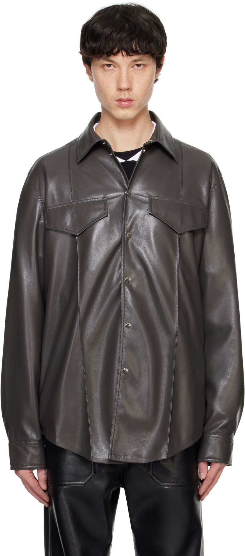 Skjorta Nanushka Nanushka Olavi Vegan Leather Button-Up Shirt Grå | NM24FWSH04569