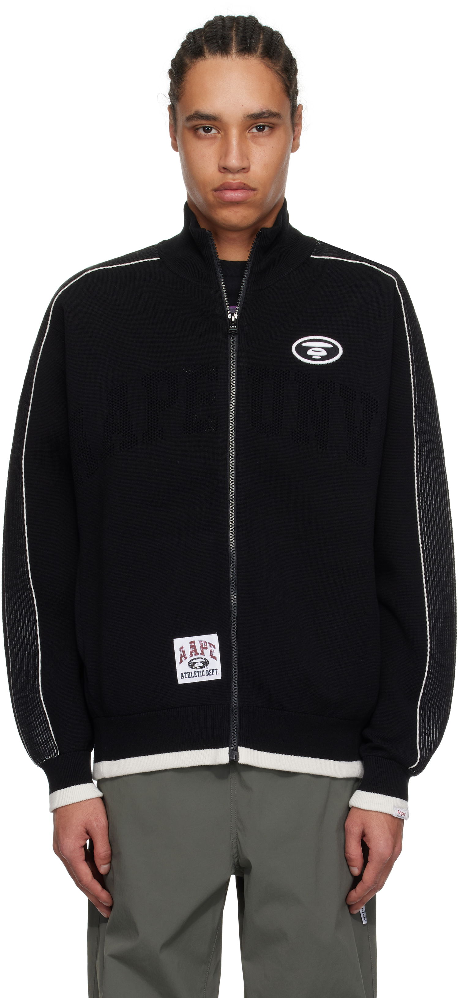 Sweater AAPE by A Bathing Ape AAPE by A Bathing Ape 'AAPEUNVS' Moonface Logo Zip-Up Knit Jacket Svart | AAPKNMC325XXNNYX, 0