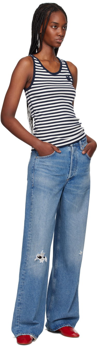 Linne MAISON KITSUNÉ Maison Kitsuné Fox Patch Striped Ribbed Tank Top Vit | OW00609KA0028, 3