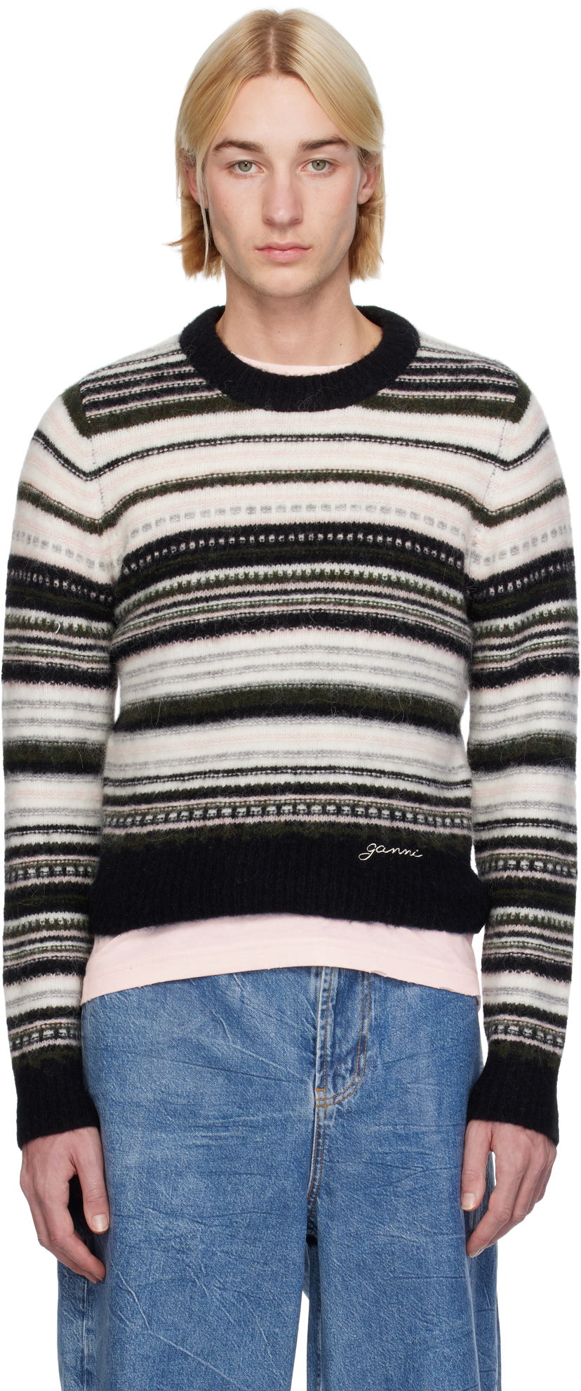 Sweater GANNI Striped Cropped Knit Sweater Svart | K2391
