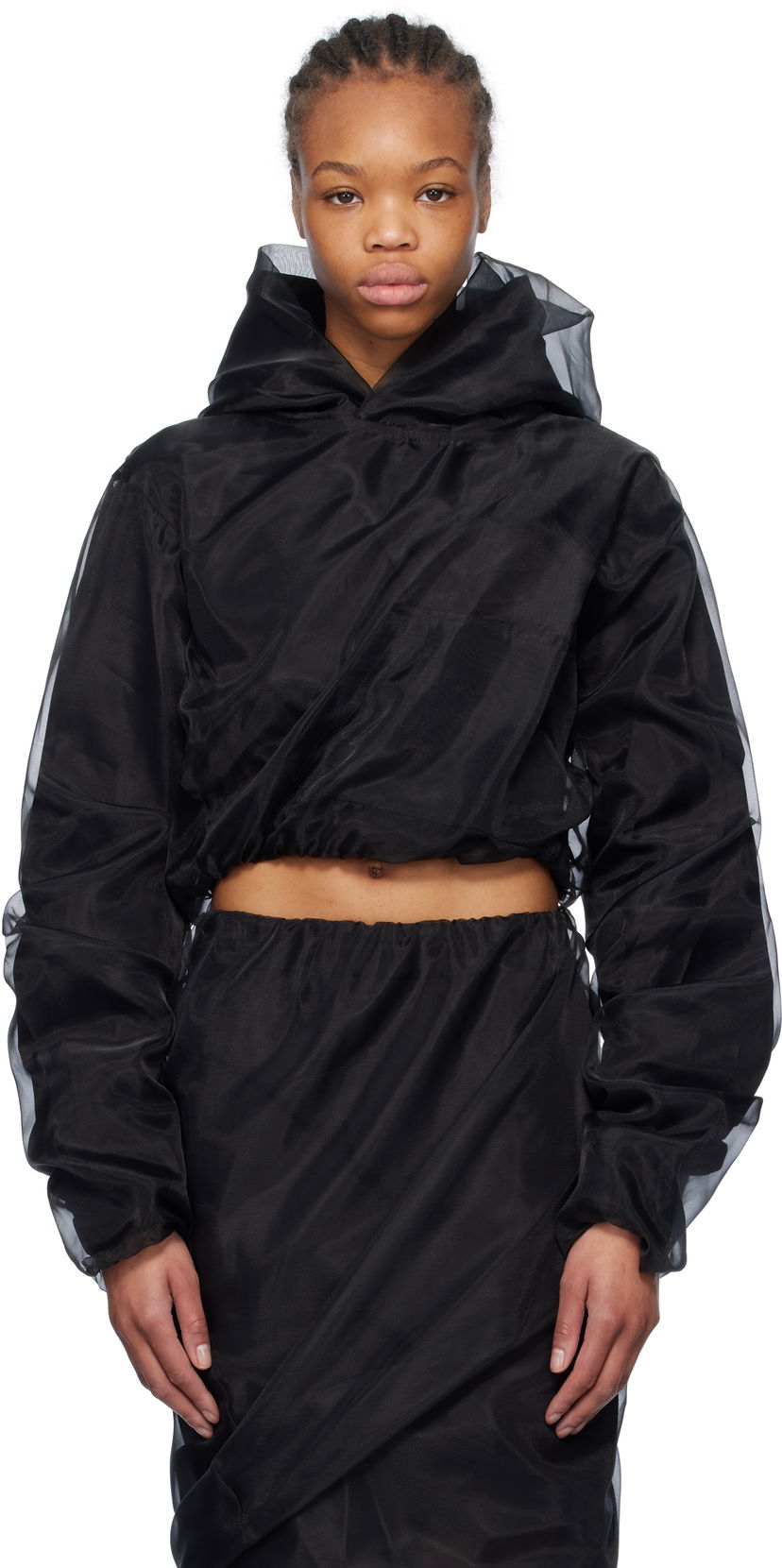 Sweatshirt We11done We11done Layered Cropped Hoodie Svart | WD-BL0-25-117-W-BK