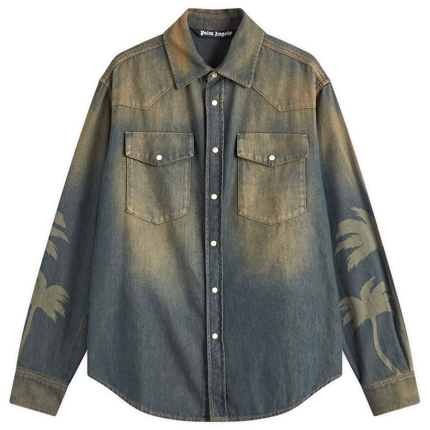 Skjorta Palm Angels Laser Palm Denim Shirt Blå | PMYD019S25DEN0016009, 0