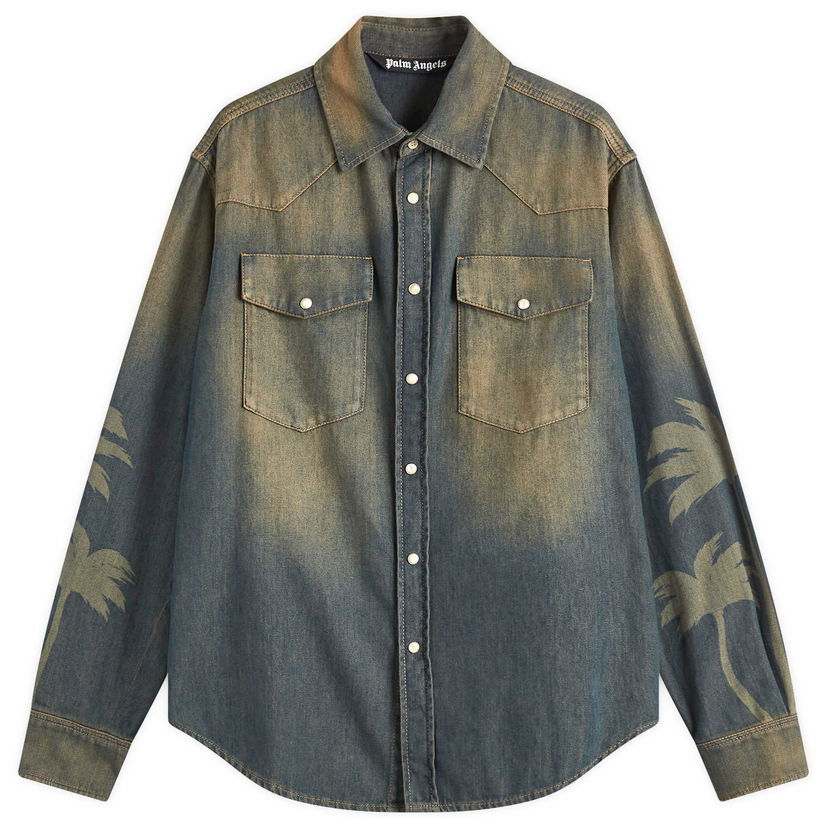 Skjorta Palm Angels Laser Palm Denim Shirt Blå | PMYD019S25DEN0016009