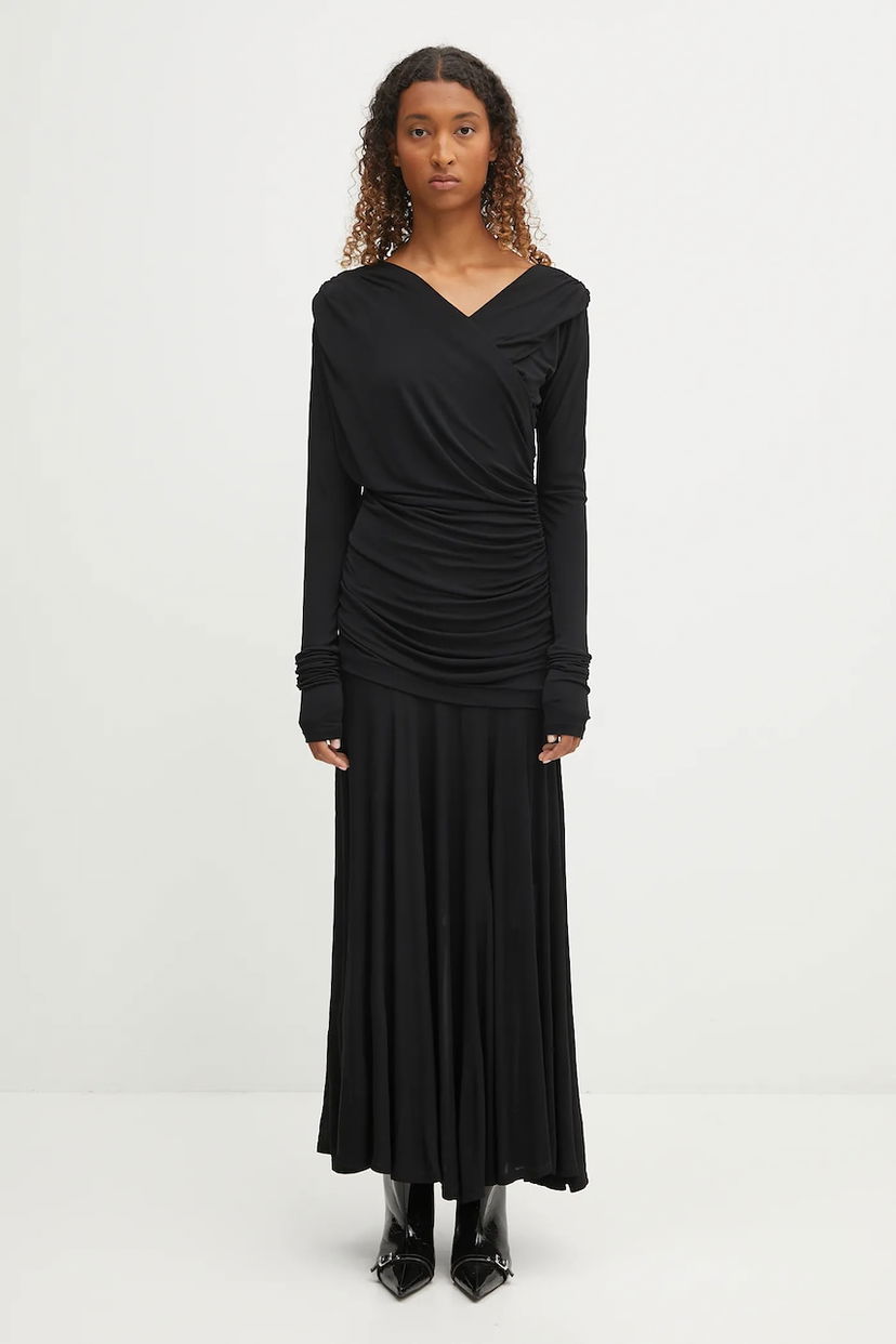 Klä GANNI GANNI Interlock Jersey Crossover Ruched Maxi Dress Svart | T4213