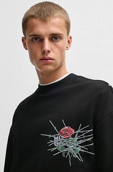 Sweater BOSS Relaxed-Fit Sweatshirt with Rose Graphic Svart | 50532094, 1