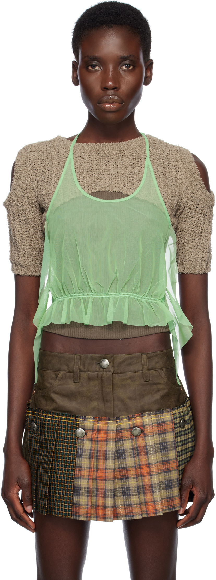 Kjol Andersson Bell Andersson Bell Cut-Out Knit Top and Plaid Mini Skirt Set Grön | atb1315w