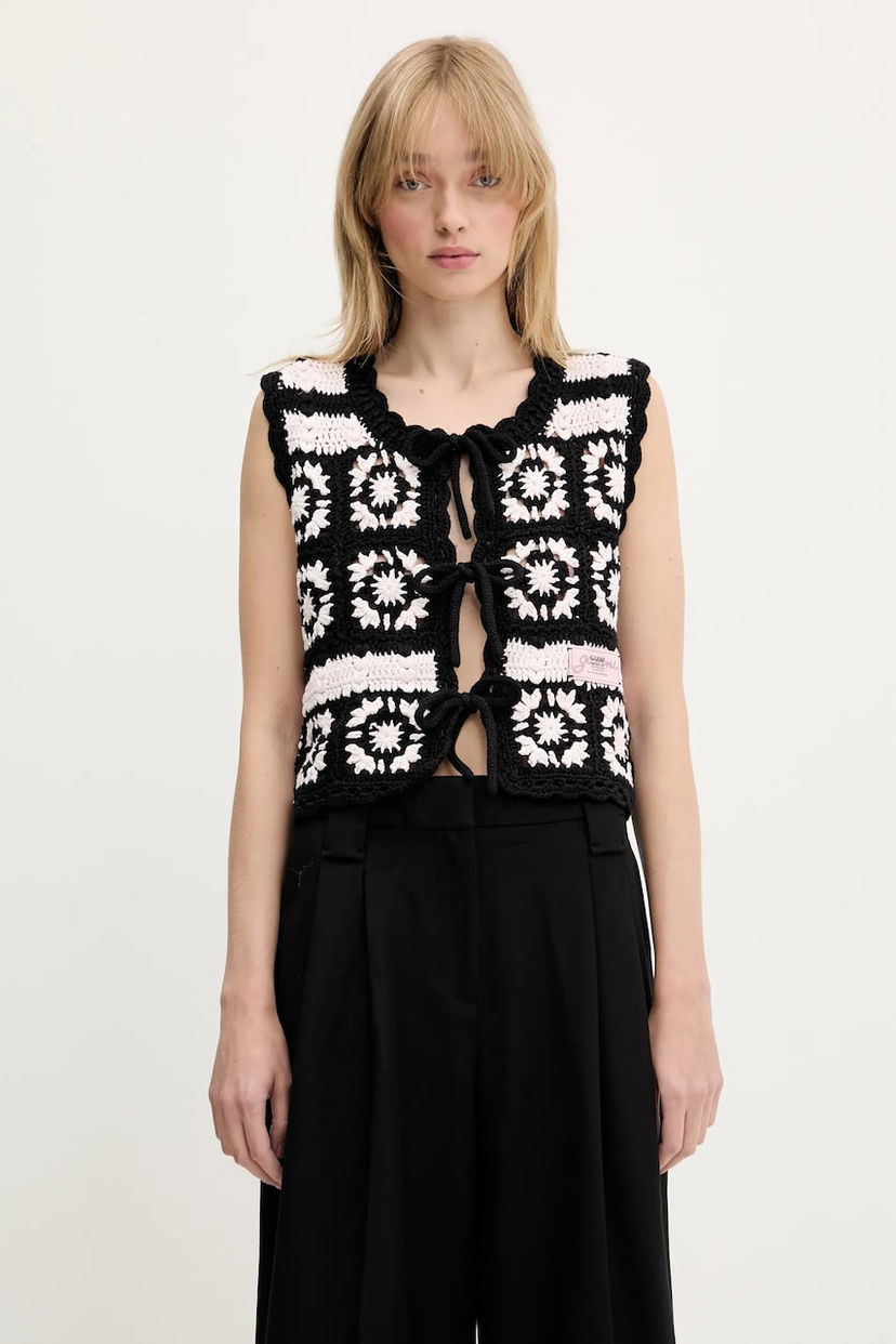Väst GANNI GANNI Crochet Tie-Front Vest Svart | K2440