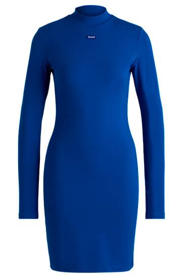 Klä BOSS HUGO Bodycon Stretch Cotton Dress with Logo Badge Blå | 50531138