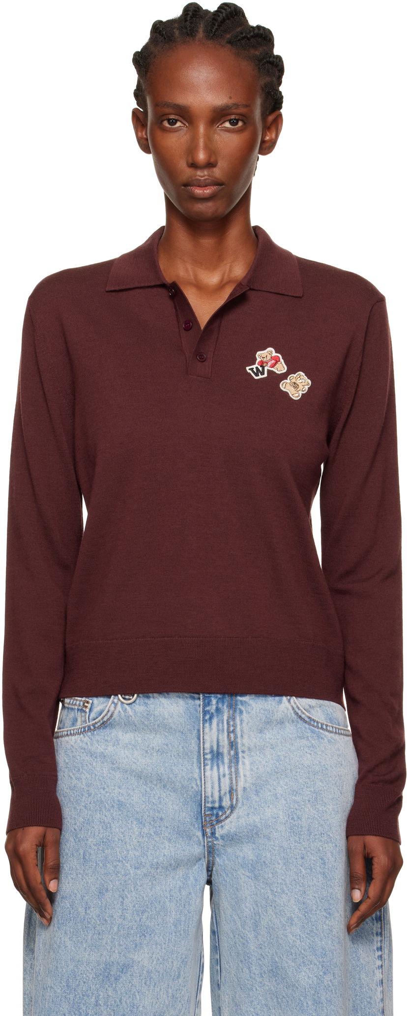 Polotröja We11done We11done Double Patched Knit Polo Bourgogne | WD-KT2-25-679-W-WN