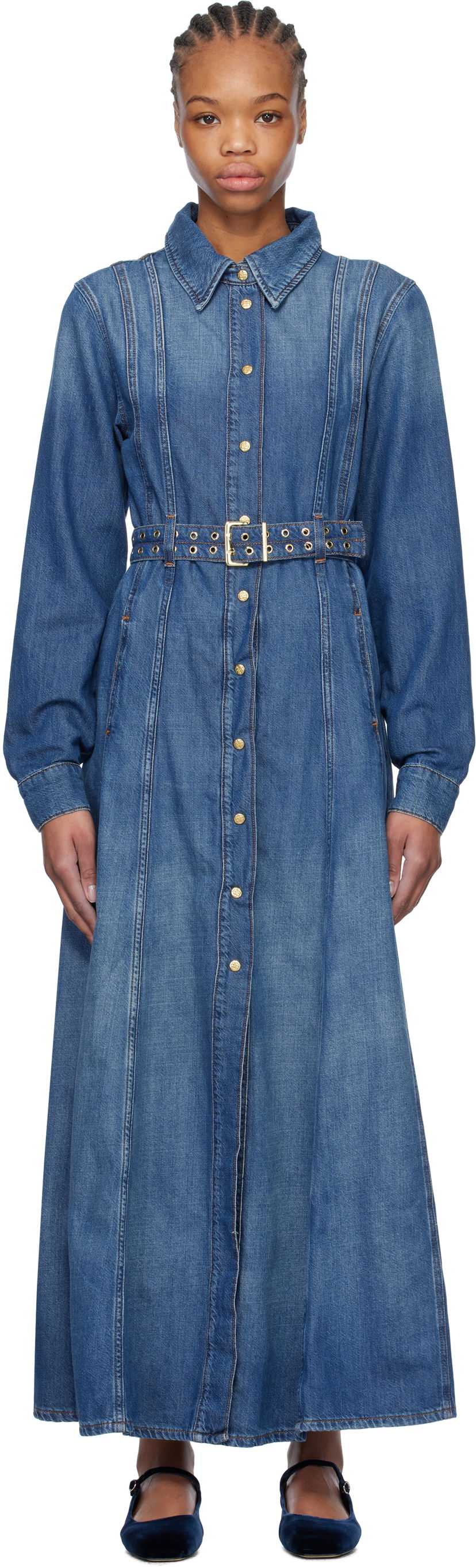 Klä GANNI GANNI Belted Denim Maxi Dress Blå | J1611