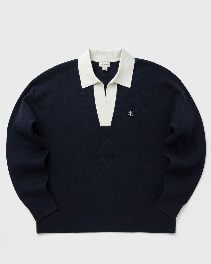 Polotröja CALVIN KLEIN Long Sleeve Solid Oversized Johnny Collar Knit Polo Shirt Mörkblå | LV04RD303GCEF
