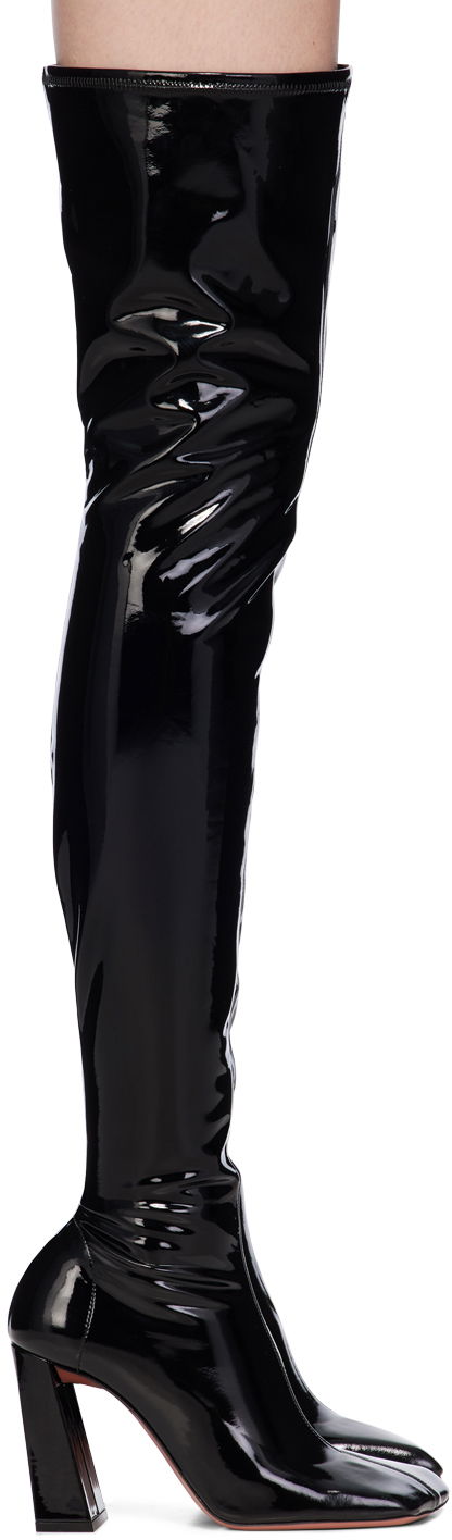 Skovård Amina Muaddi Amina Muaddi Marine Stretch Thigh-High Boots Svart | MARINE STRETCH BLOCK HEEL LATEX