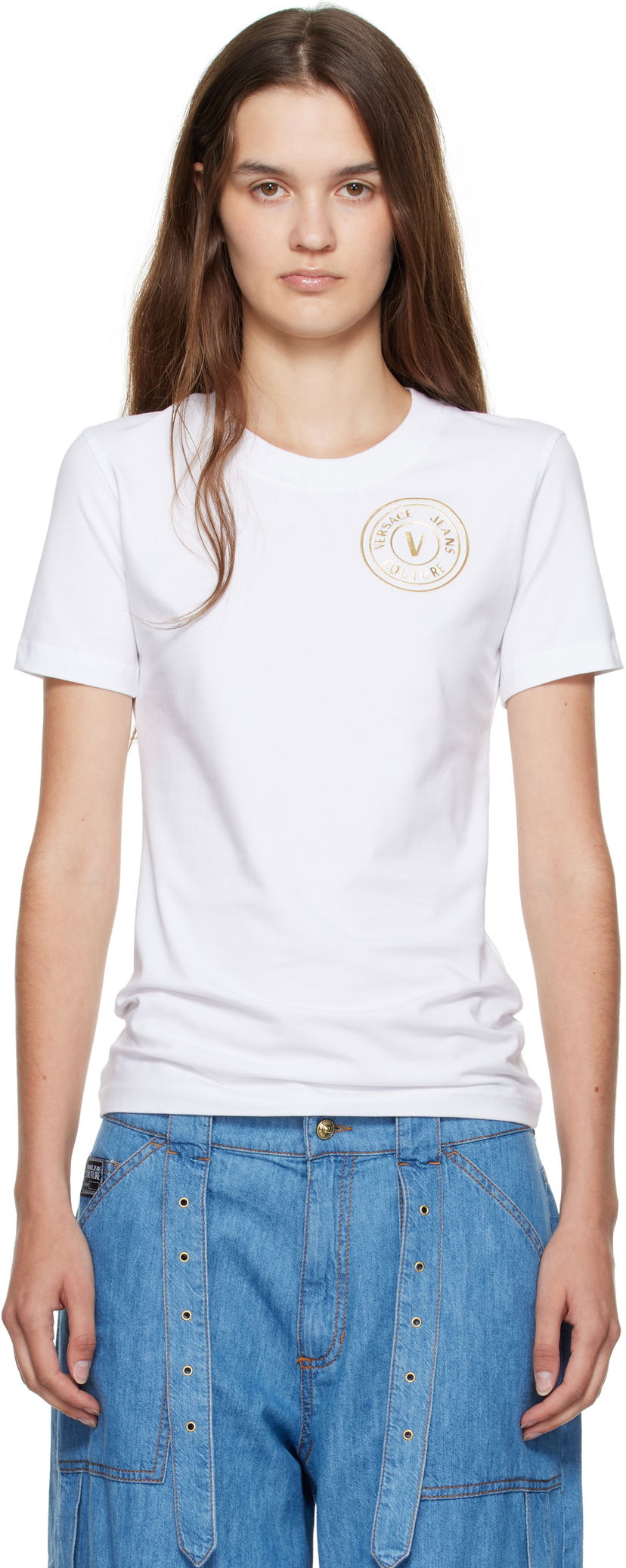 T-shirt Versace Versace Jeans Couture Jersey Stretch T-Shirt Vit | E79HAHT01_ECJ03T