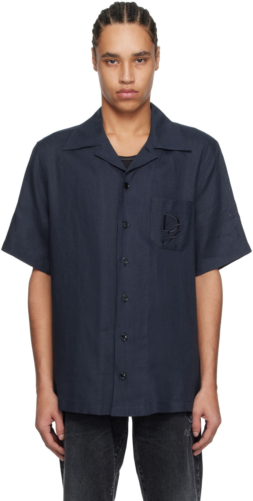 Skjorta Dolce & Gabbana Dolce&Gabbana Logo Embroidered Linen Resort Shirt Mörkblå | G5JH9ZFU4LG