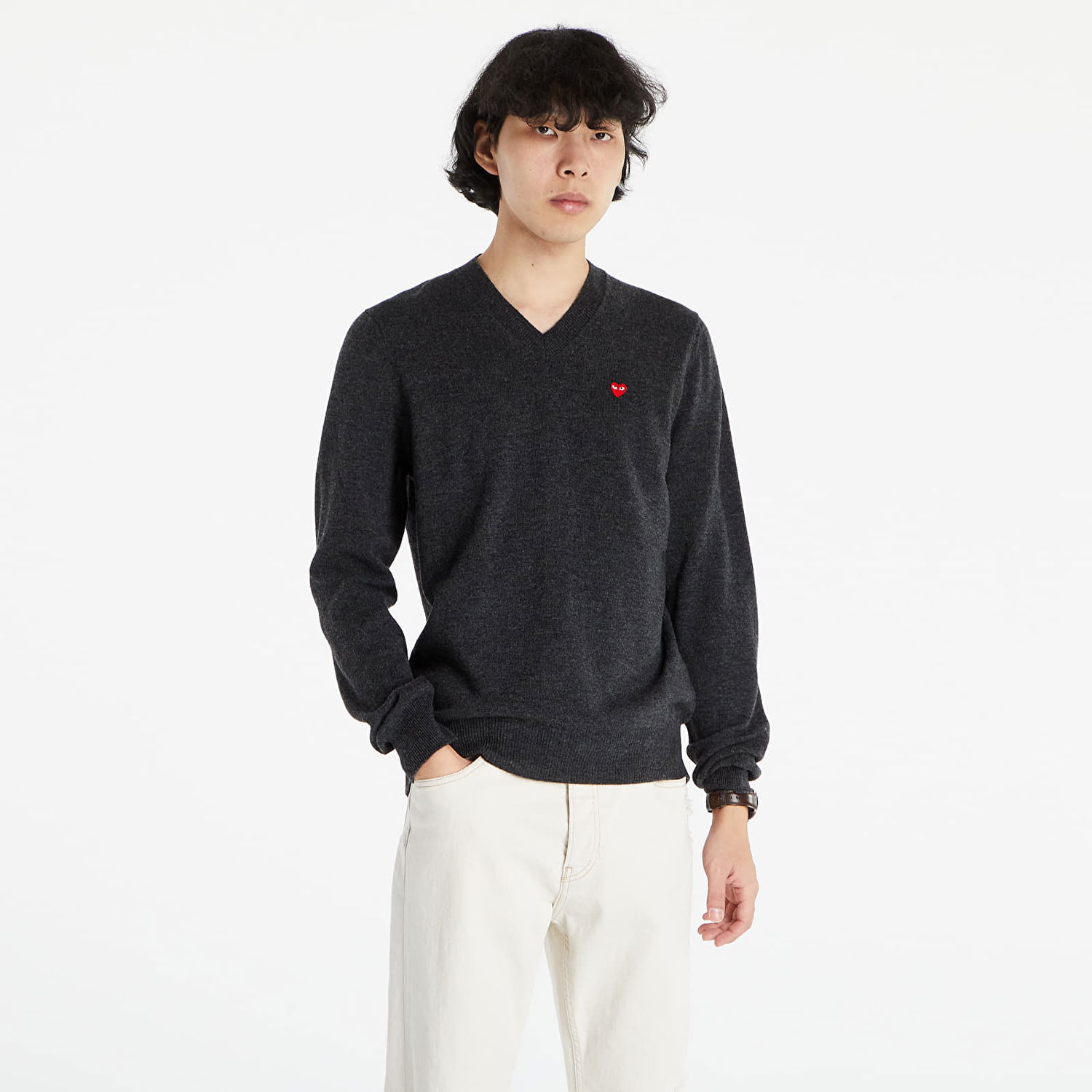 Sweater Comme des Garçons PLAY Pullover Knit Svart | AZN078 Dark Grey Heather, 1