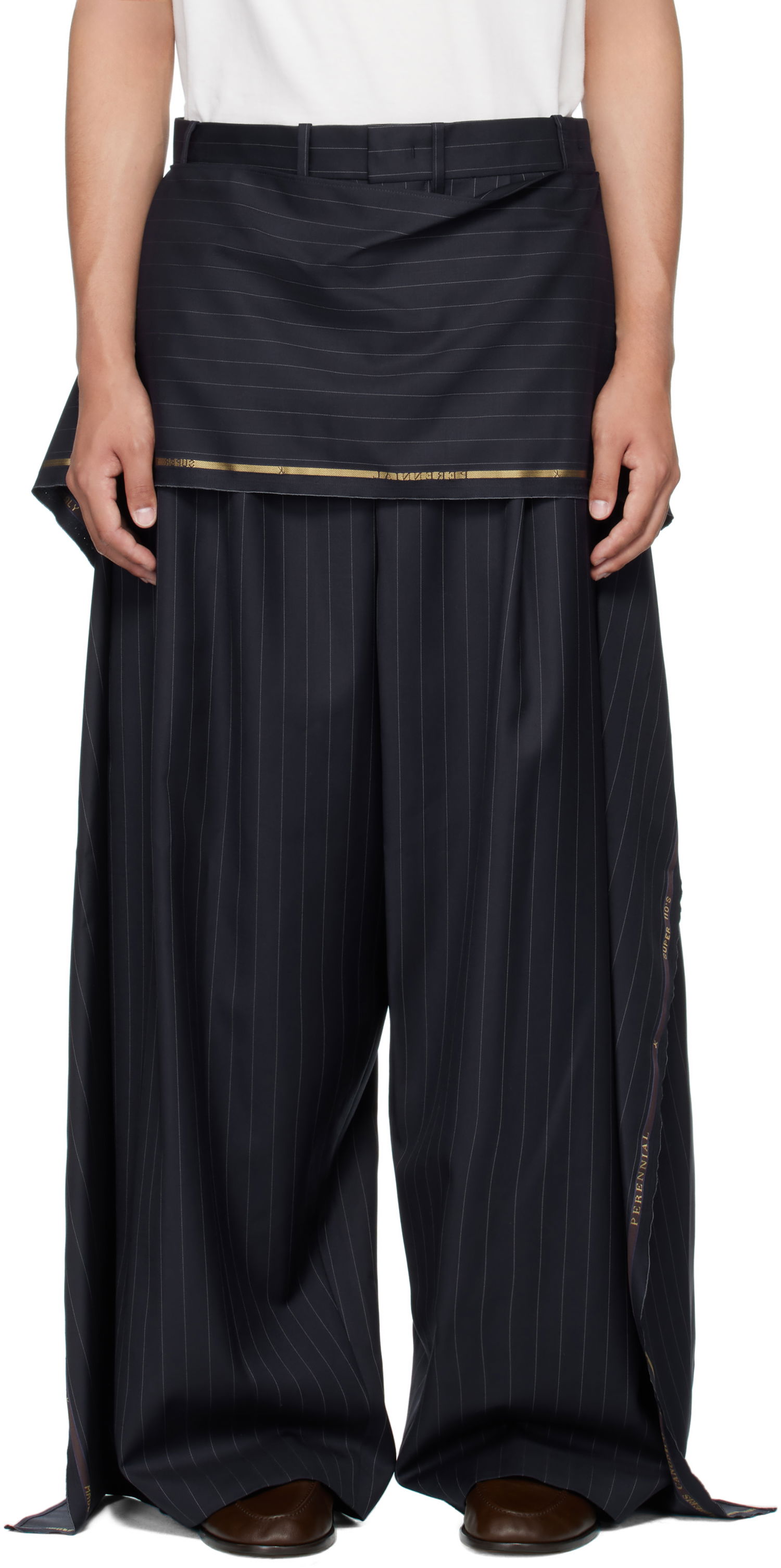 Byxor HED MAYNER Hed Mayner Pinstriped Wide-Leg Wool Suiting Trousers Mörkblå | HMMB30039A-HB217, 0