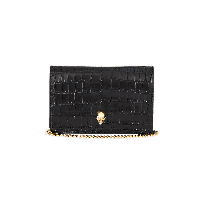 Plånbok Alexander McQueen Alexander McQueen Small Skull Croc-Embossed Leather Chain Wallet Svart | 6130881HB0G1001