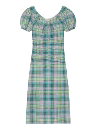 Klä GANNI Seersucker Check Gathered Dress Turkos | F7654-759