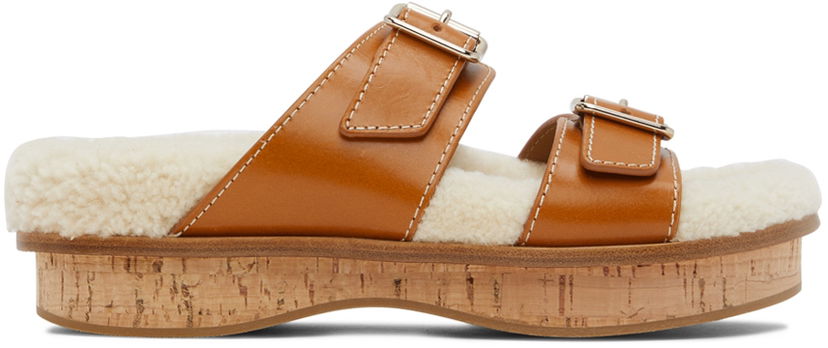 Sneakers och skor CHLOÉ Chloé Marah Shearling Cork Platform Mules Brun | CHC22A679AK