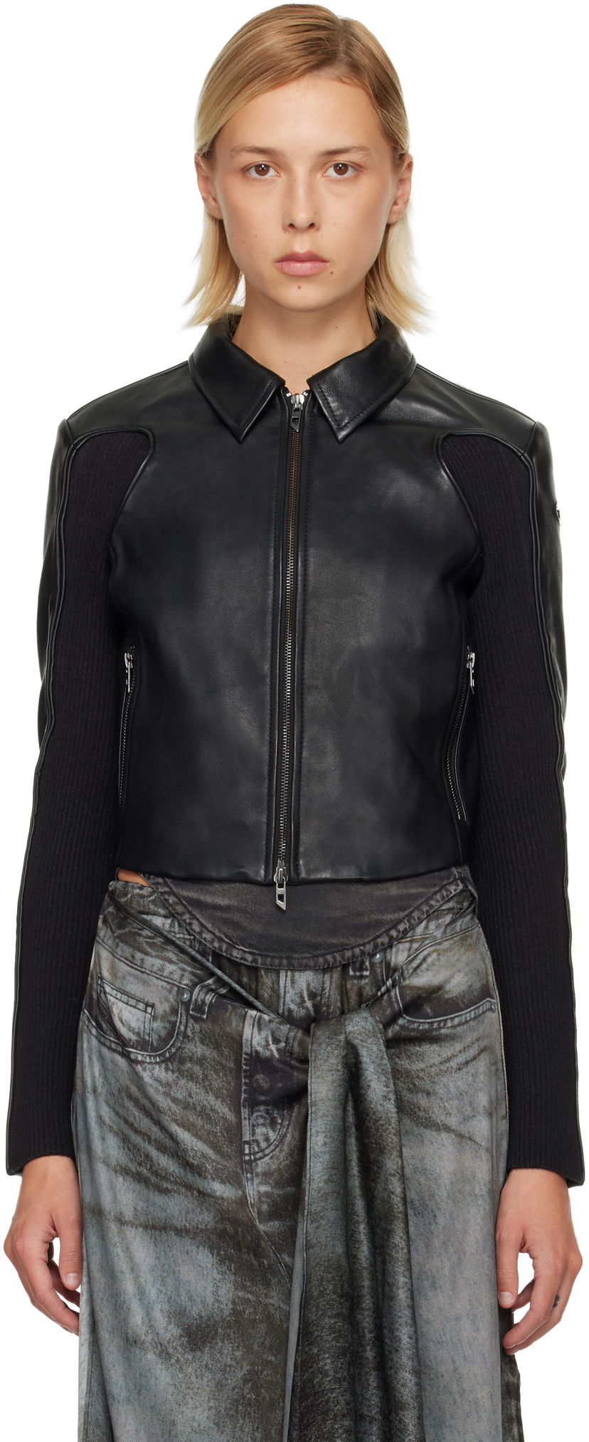 Jacka Diesel Leather Jacket with Ribbed Knit Sleeves Svart | A15373 0AJIR
