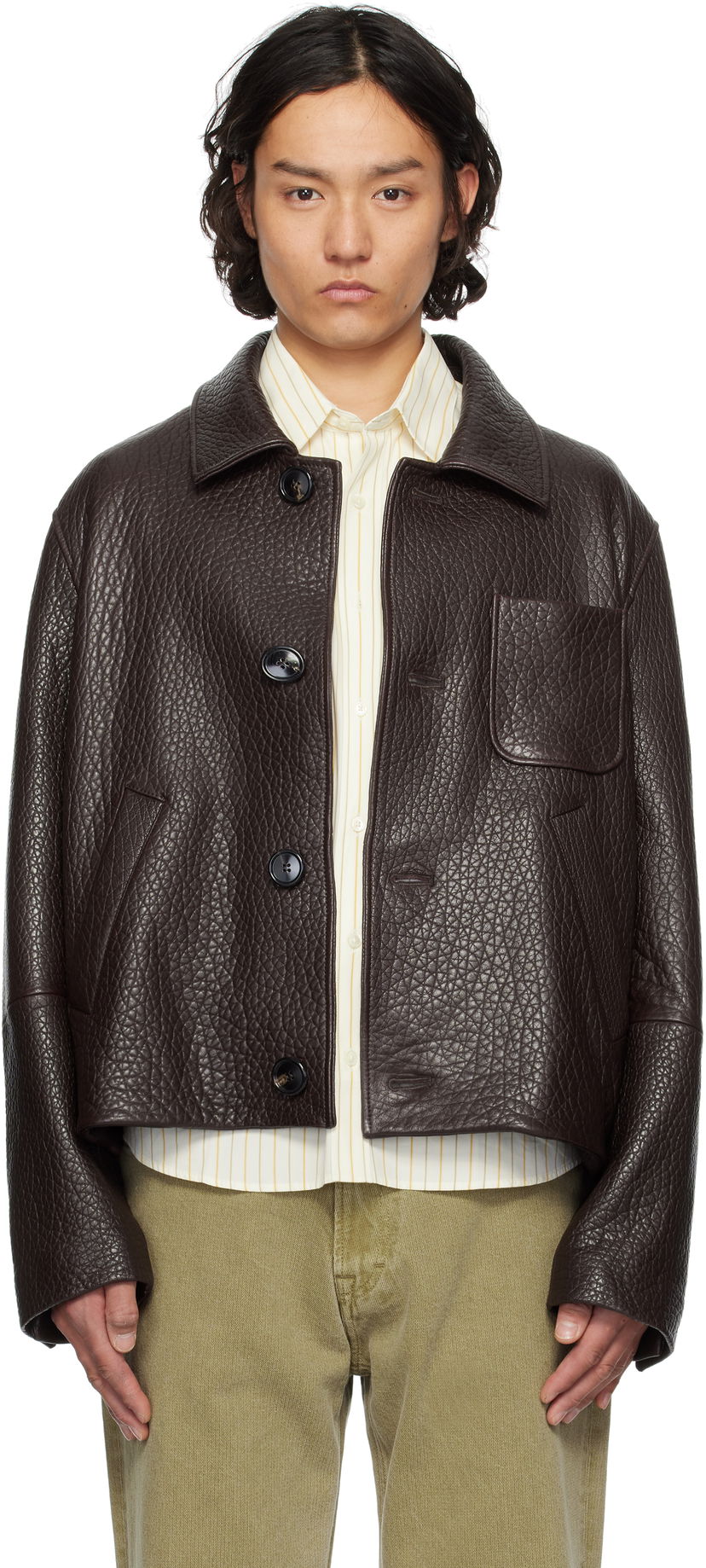 Jacka AMI AMI Paris Buttoned Leather Jacket Brun | UJK270.LH0050