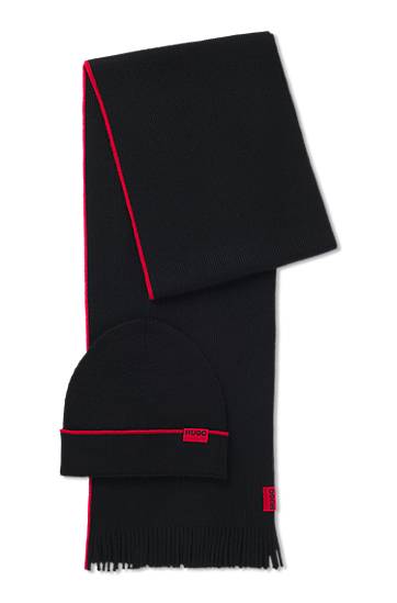 Mössa BOSS Knitted wool hat and scarf set with contrast trim Svart | 50517757, 0