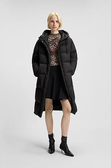 Pufferjacka BOSS Long-length hooded down jacket with stacked-logo print Svart | 50546355, 1