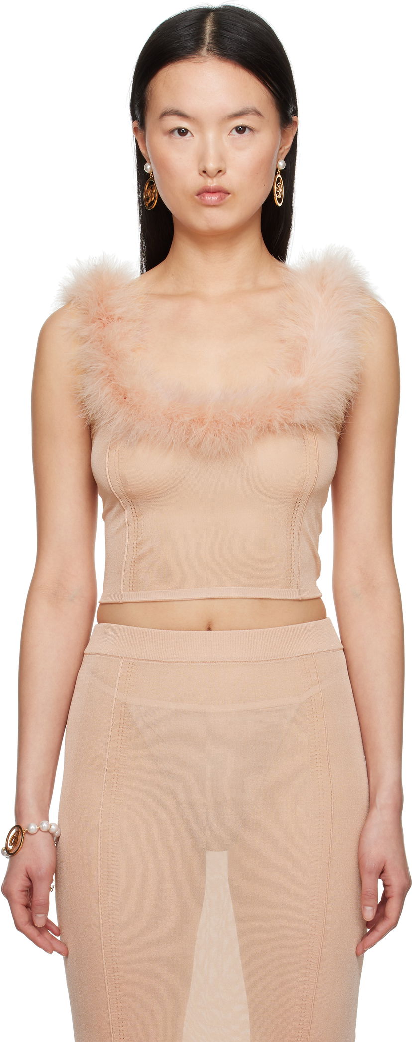 Linne Blumarine Blumarine Knitted Feather Trim Top Beige | P522M559A